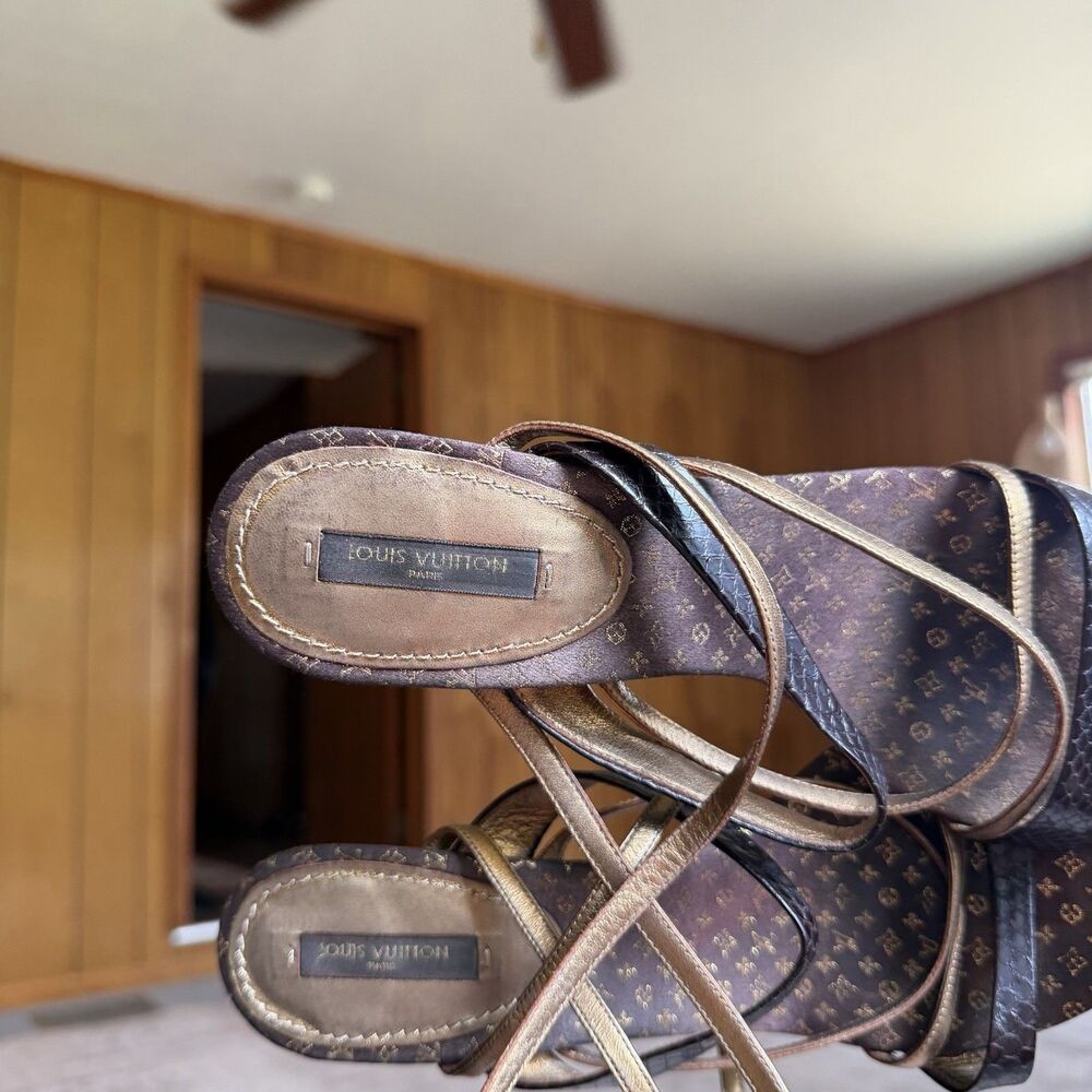 Louis Vuitton Brown Python And Metallic Gold Leather Strappy Sandals Size 39 - Picture 7 of 16